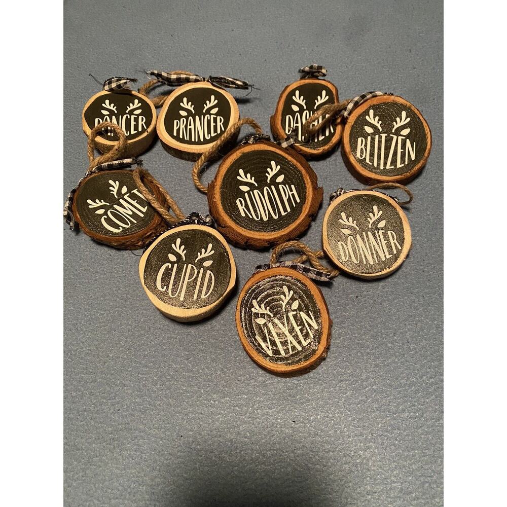 Set Of 9 Reindeer Wood Slice Christmas Handmade Ornament’s